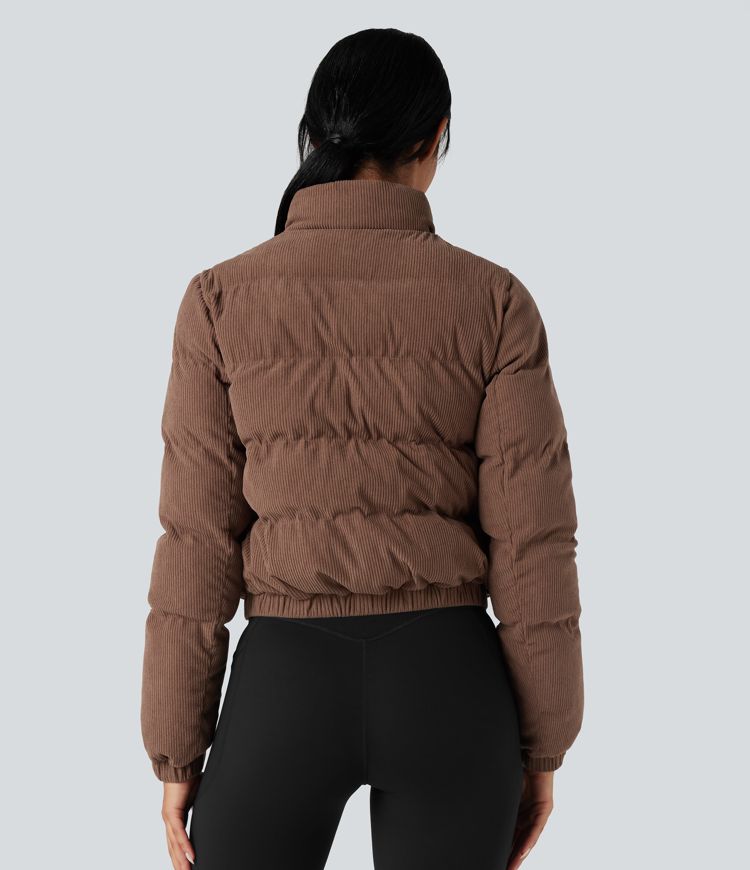 lässige cord-steppjacke mit stehkragen und taschen
