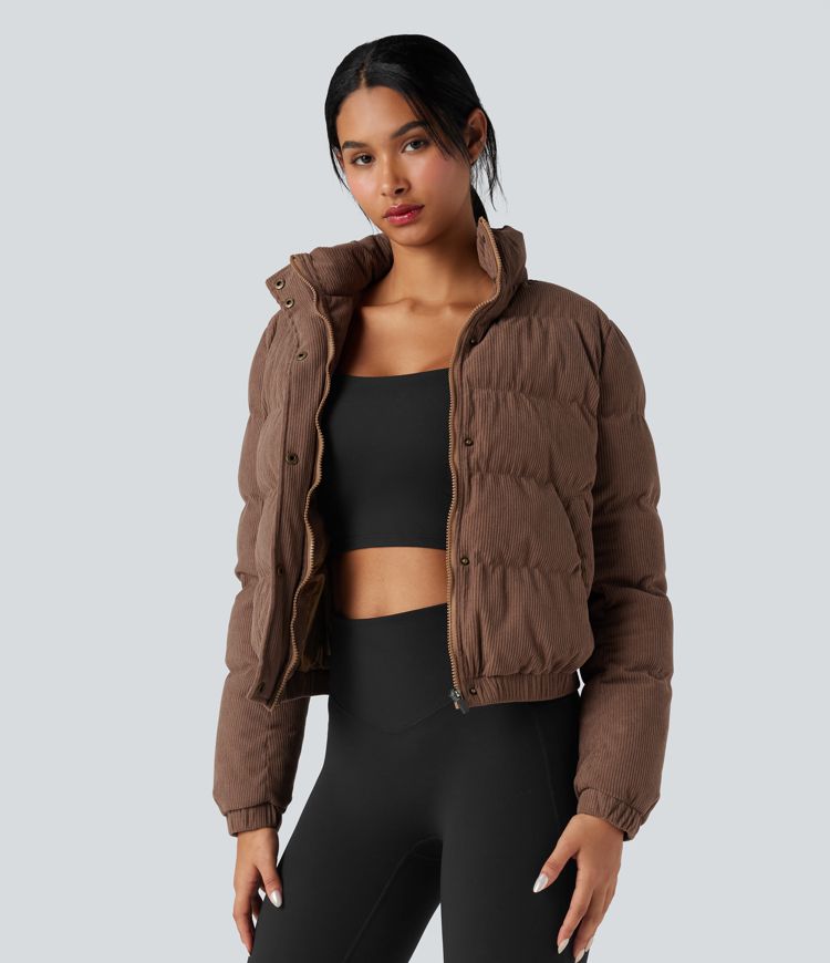 lässige cord-steppjacke mit stehkragen und taschen