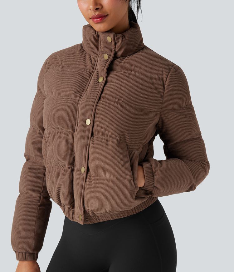 lässige cord-steppjacke mit stehkragen und taschen