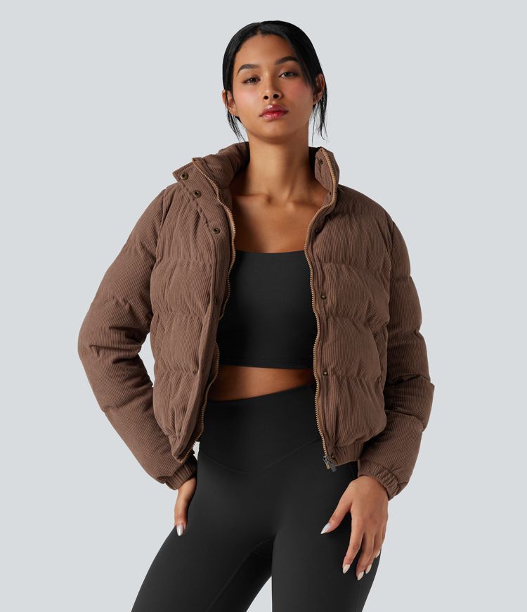 lässige cord-steppjacke mit stehkragen und taschen