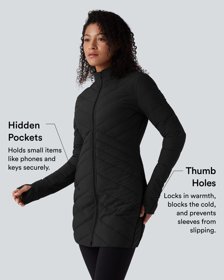 puffflex stehkragen lange Ärmel daumenlöcher reißverschluss am saum dehnbare schmal geschnittene lässige steppjacke mit taschen