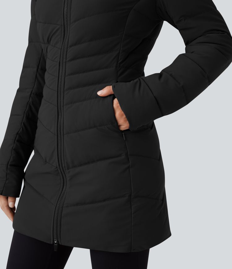 puffflex kapuzenjacke lange dehnbare wattierte freizeitjacke mit taschen
