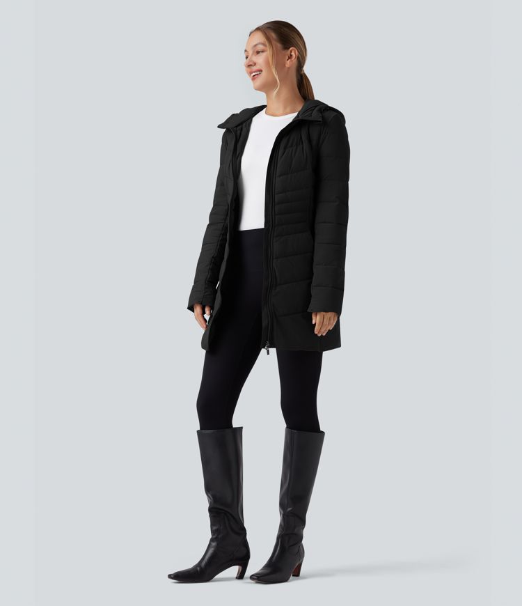 puffflex kapuzenjacke lange dehnbare wattierte freizeitjacke mit taschen