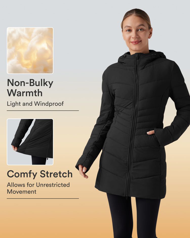 puffflex kapuzenjacke lange dehnbare wattierte freizeitjacke mit taschen