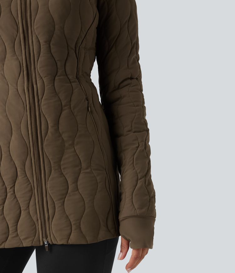 steppjacke mit hohem kragen langen Ärmeln daumenlöchern reißverschluss und taschen