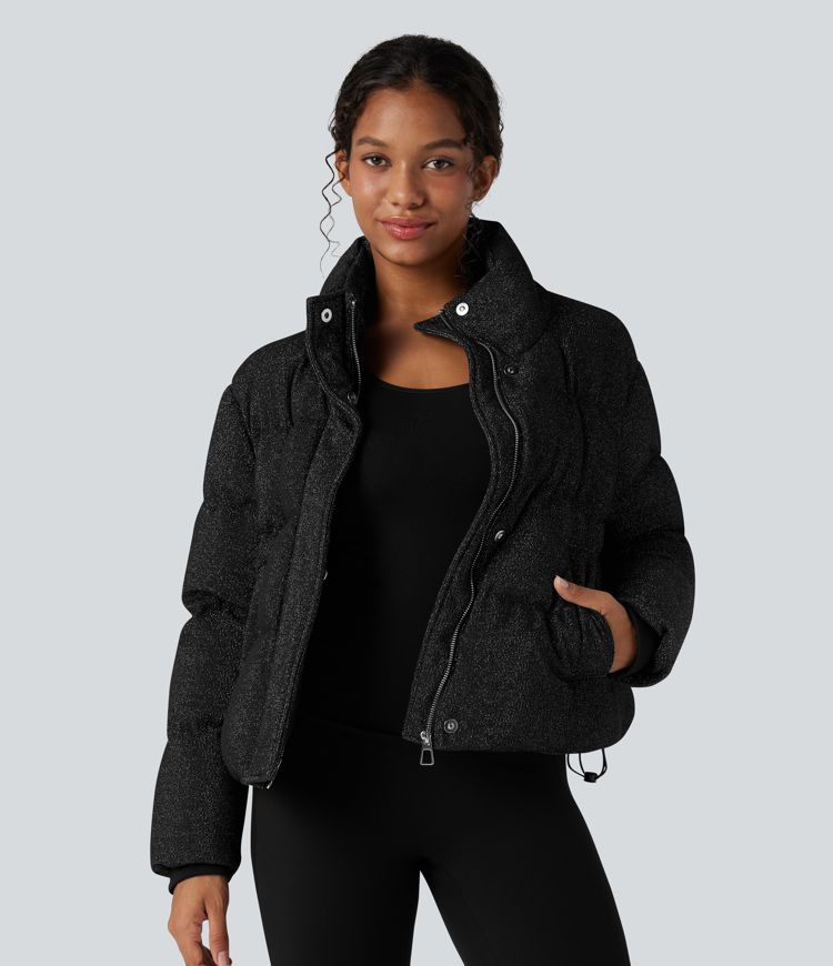 lässige steppjacke mit hohem kragen kordelzug am saum und glitzerdetails sowie taschen