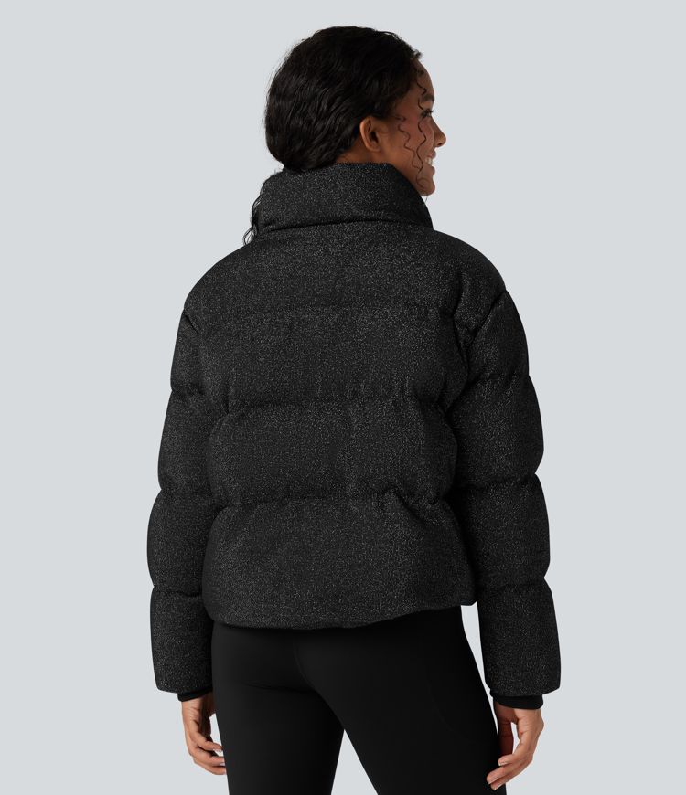 lässige steppjacke mit hohem kragen kordelzug am saum und glitzerdetails sowie taschen