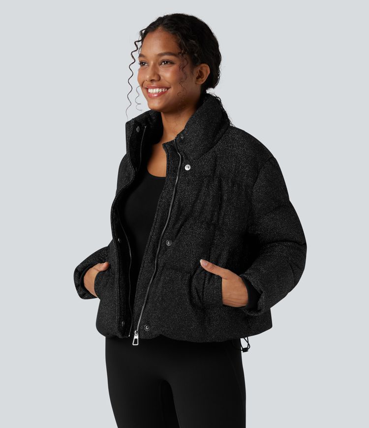 lässige steppjacke mit hohem kragen kordelzug am saum und glitzerdetails sowie taschen