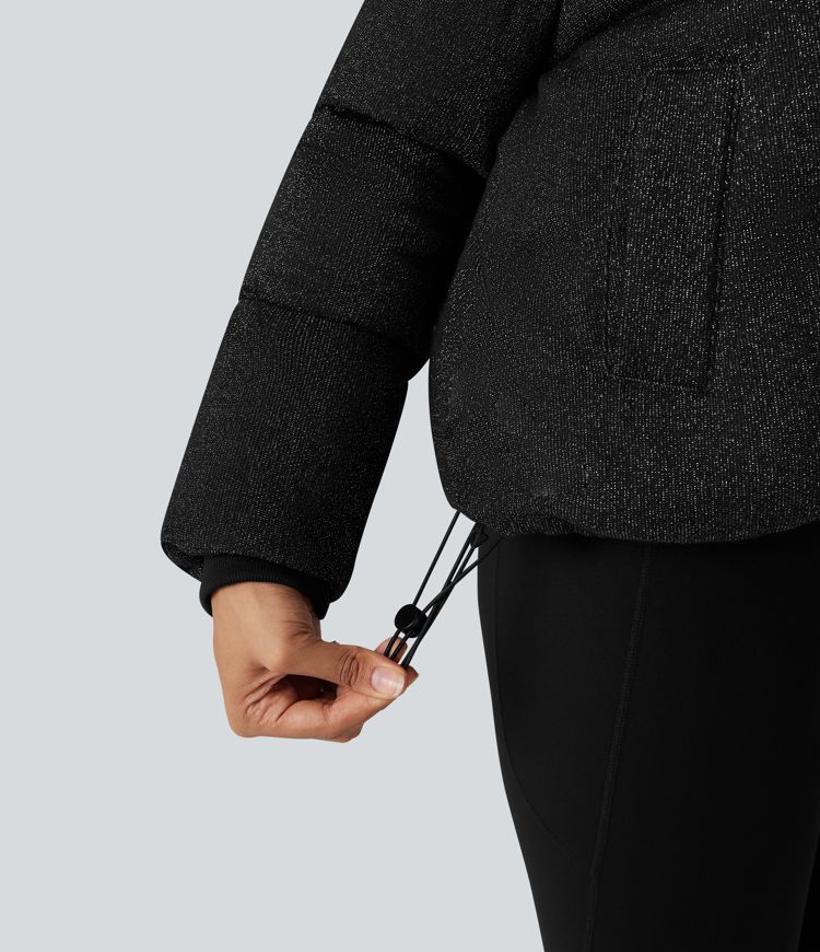lässige steppjacke mit hohem kragen kordelzug am saum und glitzerdetails sowie taschen