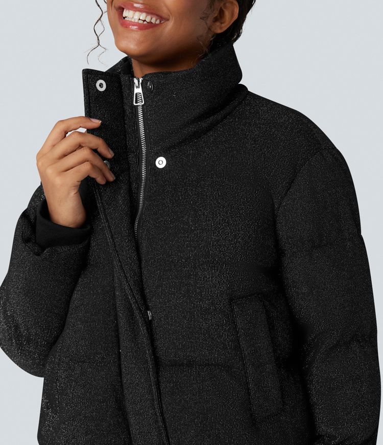 lässige steppjacke mit hohem kragen kordelzug am saum und glitzerdetails sowie taschen