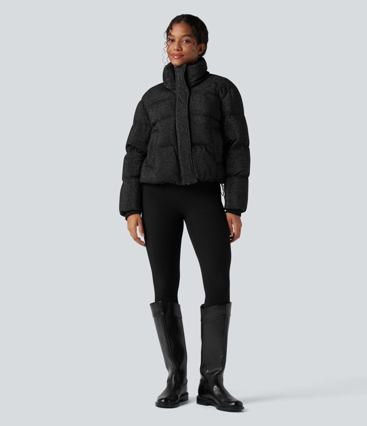 lässige steppjacke mit hohem kragen kordelzug am saum und glitzerdetails sowie taschen