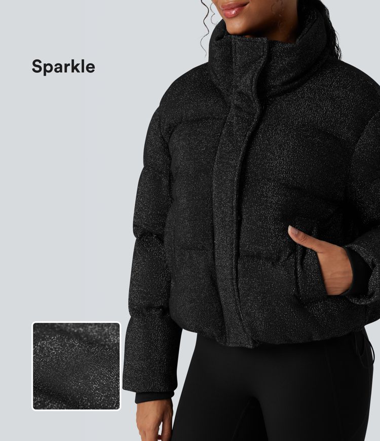 lässige steppjacke mit hohem kragen kordelzug am saum und glitzerdetails sowie taschen
