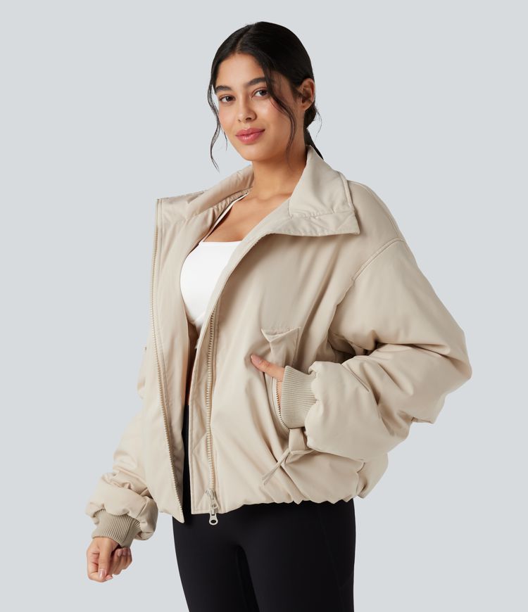 lässige steppjacke mit hohem kragen langen Ärmeln reißverschluss und taschen