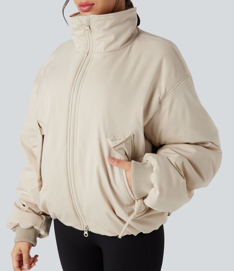 lässige steppjacke mit hohem kragen langen Ärmeln reißverschluss und taschen