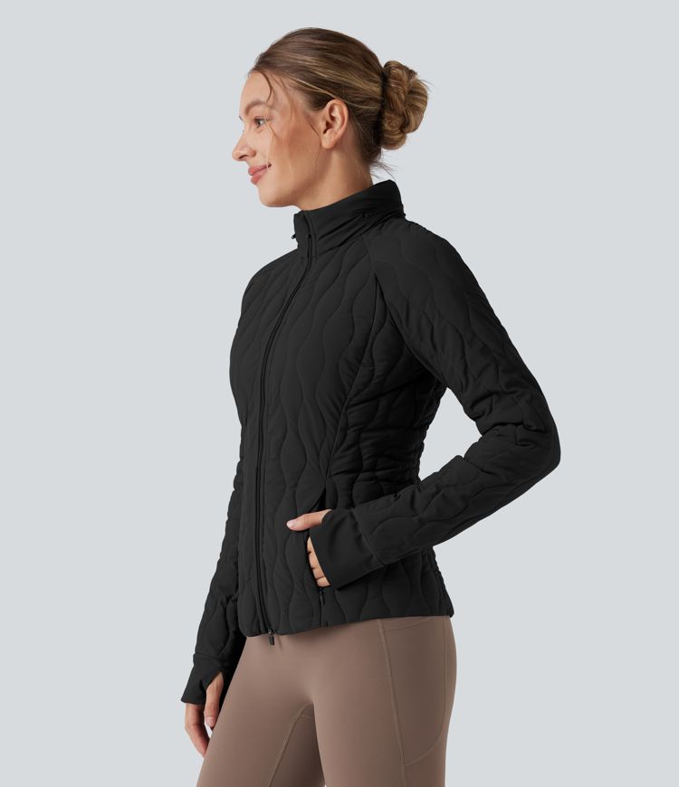 puffflex trainingsjacke mit hohem kragen daumenlöchern stretchanteil wattierung taschen und verstaubarem nackenkissen
