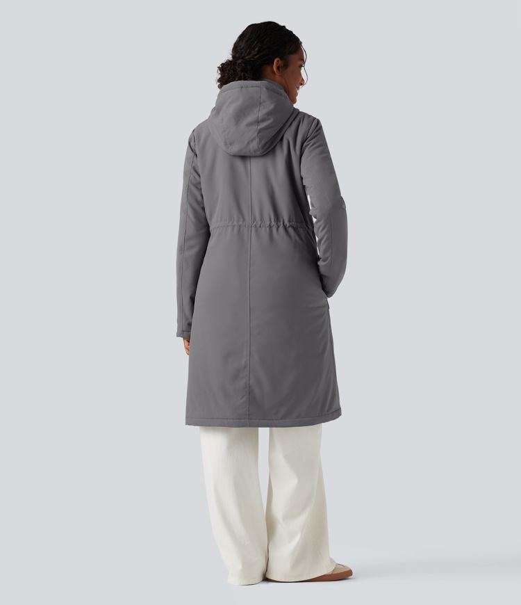wasserabweisender langer freizeitparka mit kapuze kordelzug und taschen