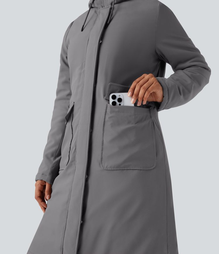wasserabweisender langer freizeitparka mit kapuze kordelzug und taschen