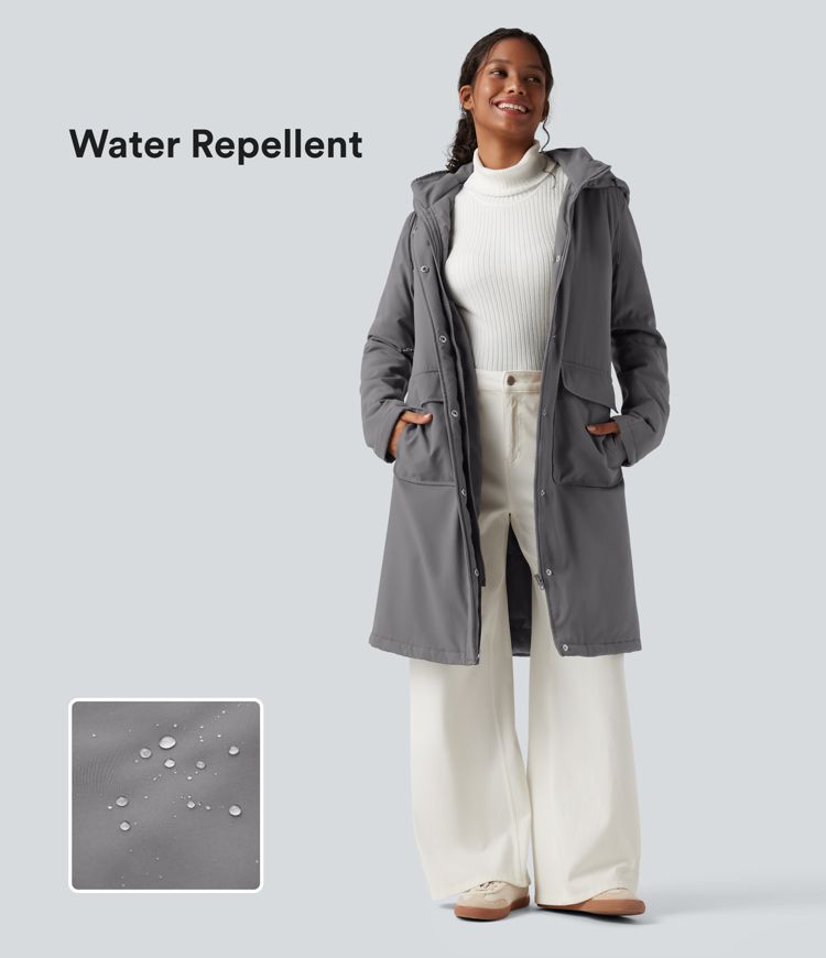 wasserabweisender langer freizeitparka mit kapuze kordelzug und taschen
